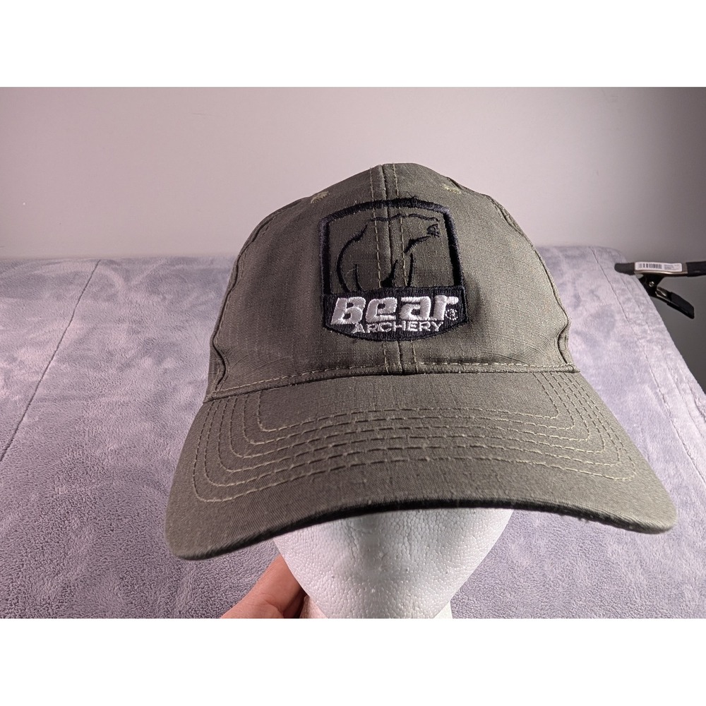 Bear Archery Mens Ripstop Adjustable Baseball Cap Hat Olive Green Logo Patch